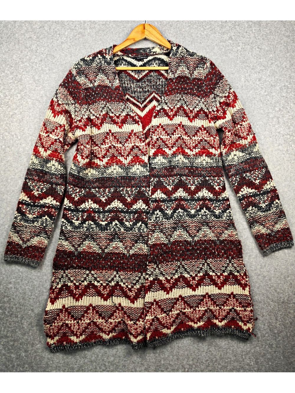 HANNAH Women's Geometric Knit Open Cardigan Sweater V-Neck Gray/Red/Cream Sz L